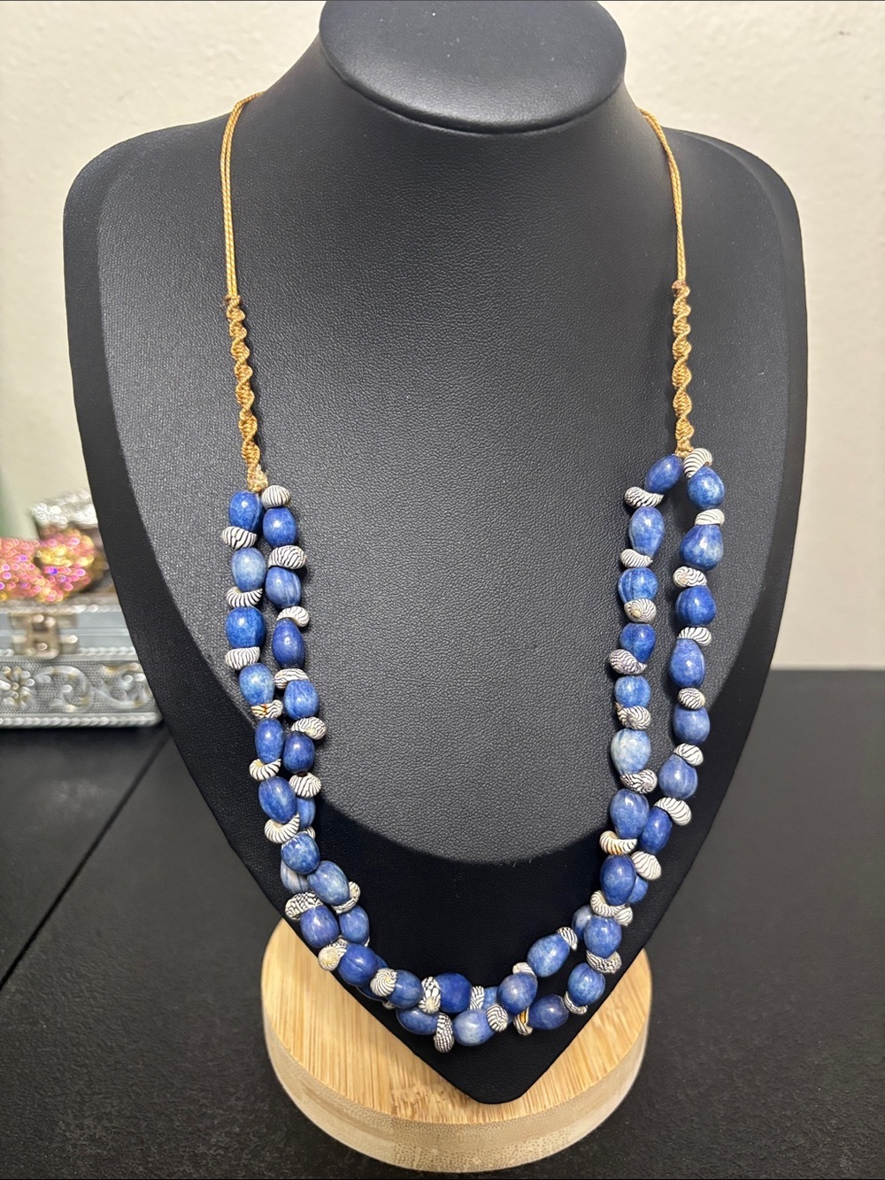 Handcrafted Boho Beachy Shell Blue Bead Layered Necklace Adjustable Nautical